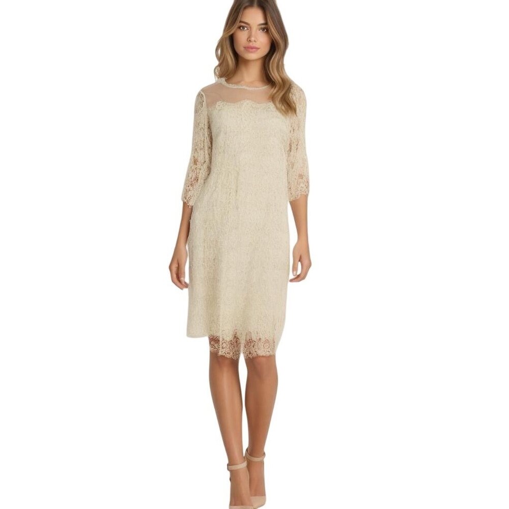 Max & Cleo Ivory Lace Cocktail Dress 10 Knee-Length 3/4 Sleeve Wedding Formal